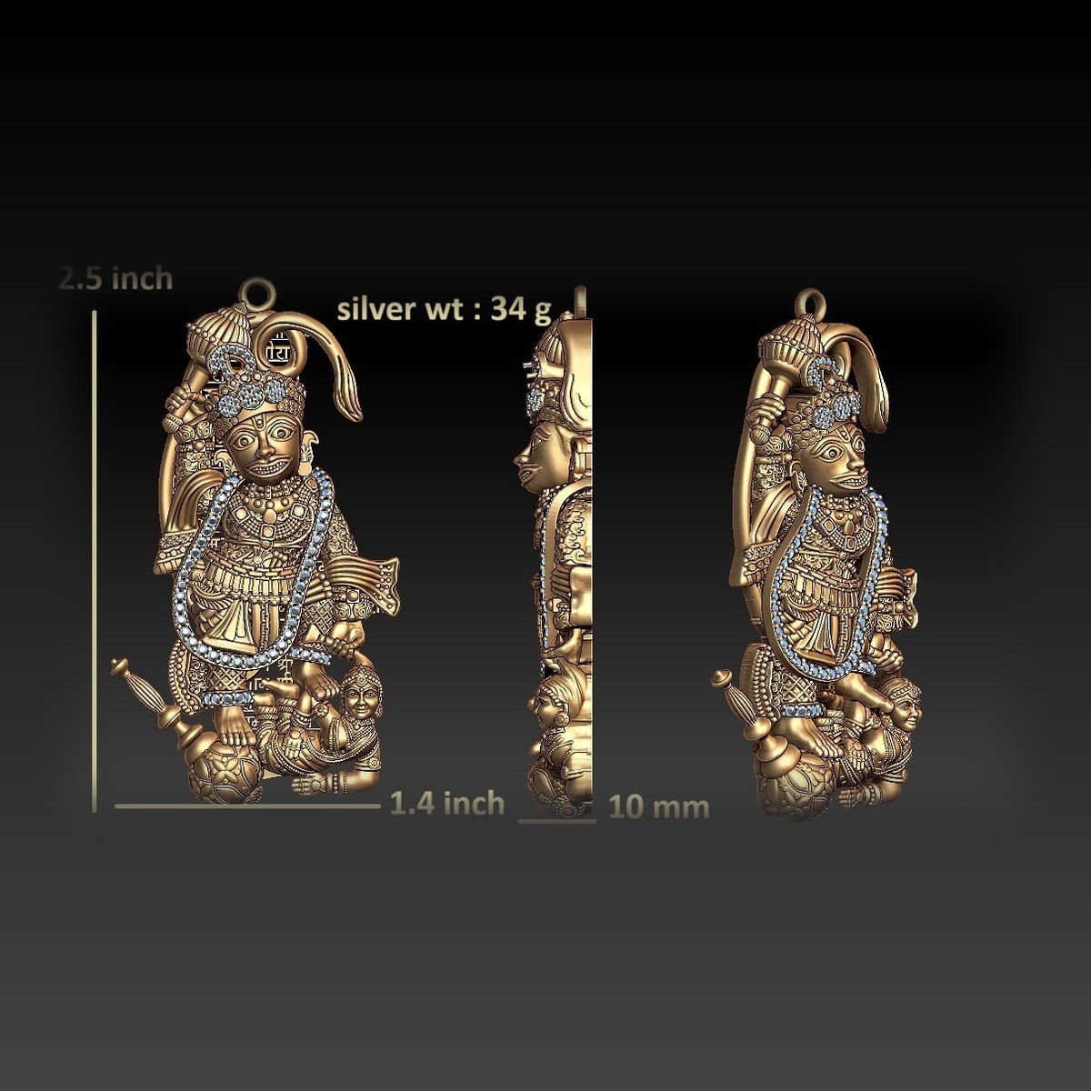 Hanuman Ji pendant, CAD render with measurements